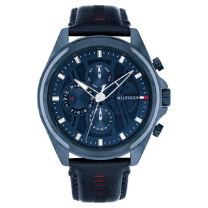 Tommy Hilfiger Jax 1710655 men's quartz battery watch with navy blue dial, multi-function sub-dials, all-navy blue PVD case, blue leather strap main view