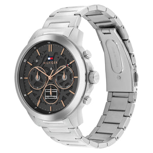 Right angled view of Tommy Hilfiger Henry 1710683 men's quartz battery watch highlighting silver finish and mechanical rose gold dial details