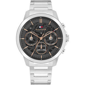 Tommy Hilfiger Henry 1710683 men's quartz battery watch with dark grey semi-skeleton dial, rose gold-tone sub-dials, silver-tone case, stainless steel bracelet main view