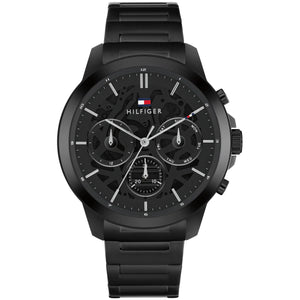 Tommy Hilfiger Henry 1710685 men's quartz battery watch with black semi-skeleton dial, multi-function sub-dials, all-black PVD case and stainless steel bracelet main view