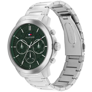 Right angled view of Tommy Hilfiger Henry 1710686 men's quartz battery watch highlighting silver finish and mechanical dial details