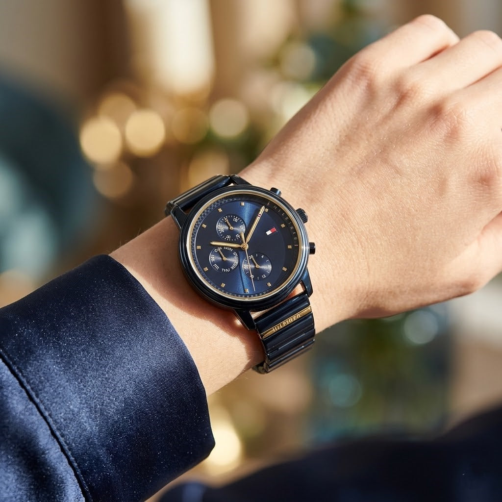 Close up shot of Tommy Hilfiger 1781893 on wrist showing navy dial and gold-tone sub-dials