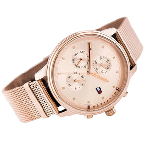 Right angled view of Tommy Hilfiger 1781907 women's quartz battery watch highlighting rose gold finish and dial details