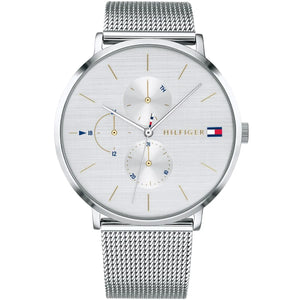 Tommy Hilfiger Jenna 1781942 women's watch with silver case, white dial, gold accents, and silver mesh strap