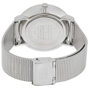 Back view of the Tommy Hilfiger 1781942 watch showing the stainless steel caseback and technical specs