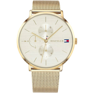 Tommy Hilfiger Jenna 1781943 women's watch with full gold-tone case, champagne dial, and gold mesh strap