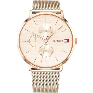 Tommy Hilfiger Jenna 1781944 women's watch with full rose gold-tone case, dial, and mesh strap