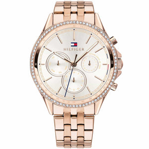 Tommy Hilfiger Ari 1781978 women's watch featuring a full rose gold-tone stainless steel design and a bezel encrusted with crystals