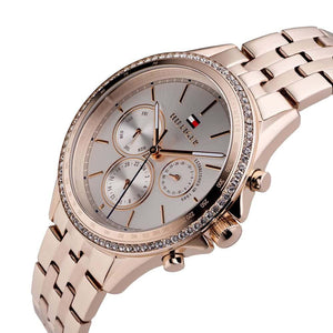 Detailed side view of the rose gold-tone crown and the sparkling crystal accents on the bezel of the 1781978