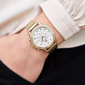 Tommy Hilfiger Ari 1782142 women's watch - white crystal dial gold steel strap