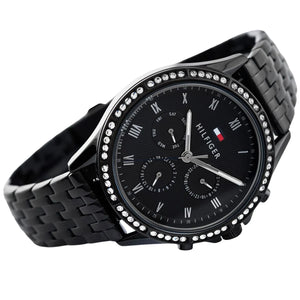 Detail photo of the black crown and pushers on the Tommy Hilfiger 1782144 watch