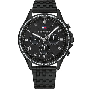 Authentic real-life photo of Tommy Hilfiger 1782144 showing actual all-black finish and crystal bezel
