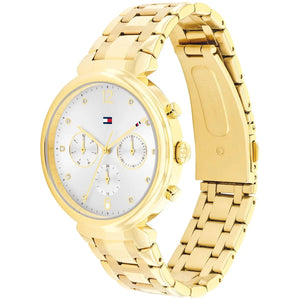 Right angled view of Tommy Hilfiger Ivy 1782344 women's quartz battery watch highlighting gold finish and crystal dial details