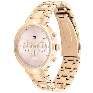 Side profile of Tommy Hilfiger Ivy 1782345 women's quartz battery watch showing 9mm thickness and rose gold finish