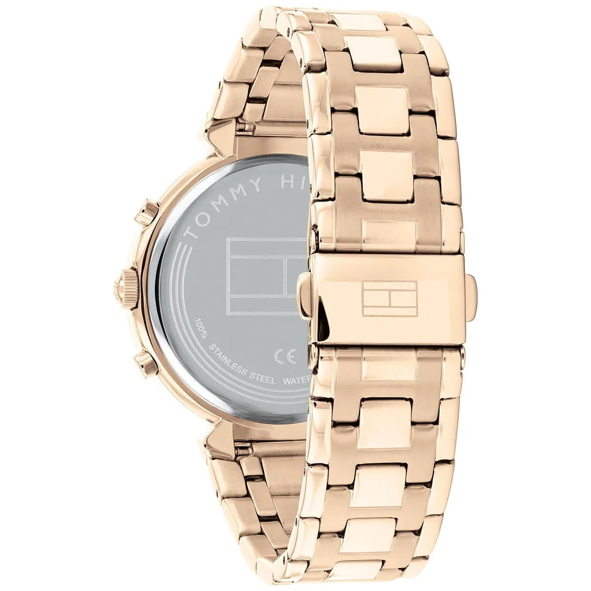 Rose gold-tone deployment clasp on Tommy Hilfiger Ivy 1782345 women's quartz battery metal bracelet watch