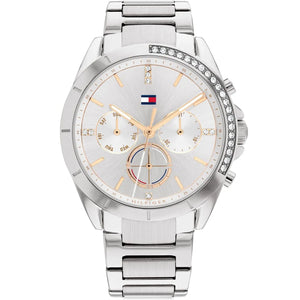 Tommy Hilfiger Kennedy 1782384 women's watch featuring a full silver-tone stainless steel design, crystal bezel accents, and rose gold dial details