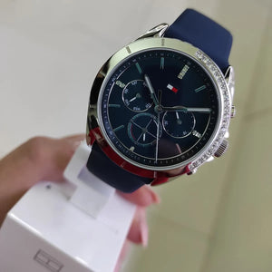 Authentic real-life photo of Tommy Hilfiger Kennedy 1782389 showing actual navy blue rubber and crystal details