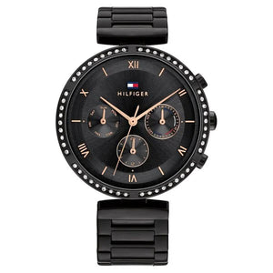 Authentic real-life photo of Tommy Hilfiger 1782390 showing actual all-black finish and crystal bezel