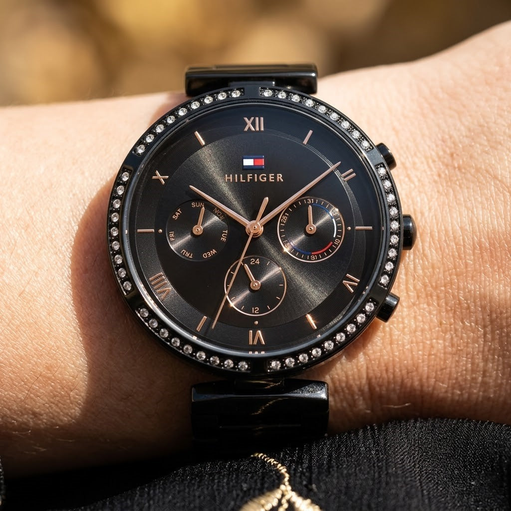 Close up shot of Tommy Hilfiger 1782390 on wrist showing black dial and rose gold-tone Roman numerals