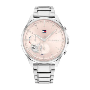 Authentic real-life photo of Tommy Hilfiger 1782414 showing actual silver finish and pale pink dial