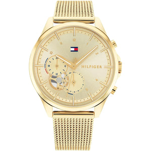 Tommy Hilfiger Lori 1782417 women's watch featuring a gold-tone stainless steel case, champagne multi-function dial, and mesh bracelet