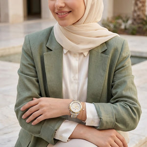 Lifestyle photo of Tommy Hilfiger 1782555 showing the elegant two-tone watch on a woman's wrist