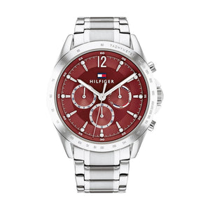 Authentic real-life photo of Tommy Hilfiger 1782559 showing actual silver finish and red dial