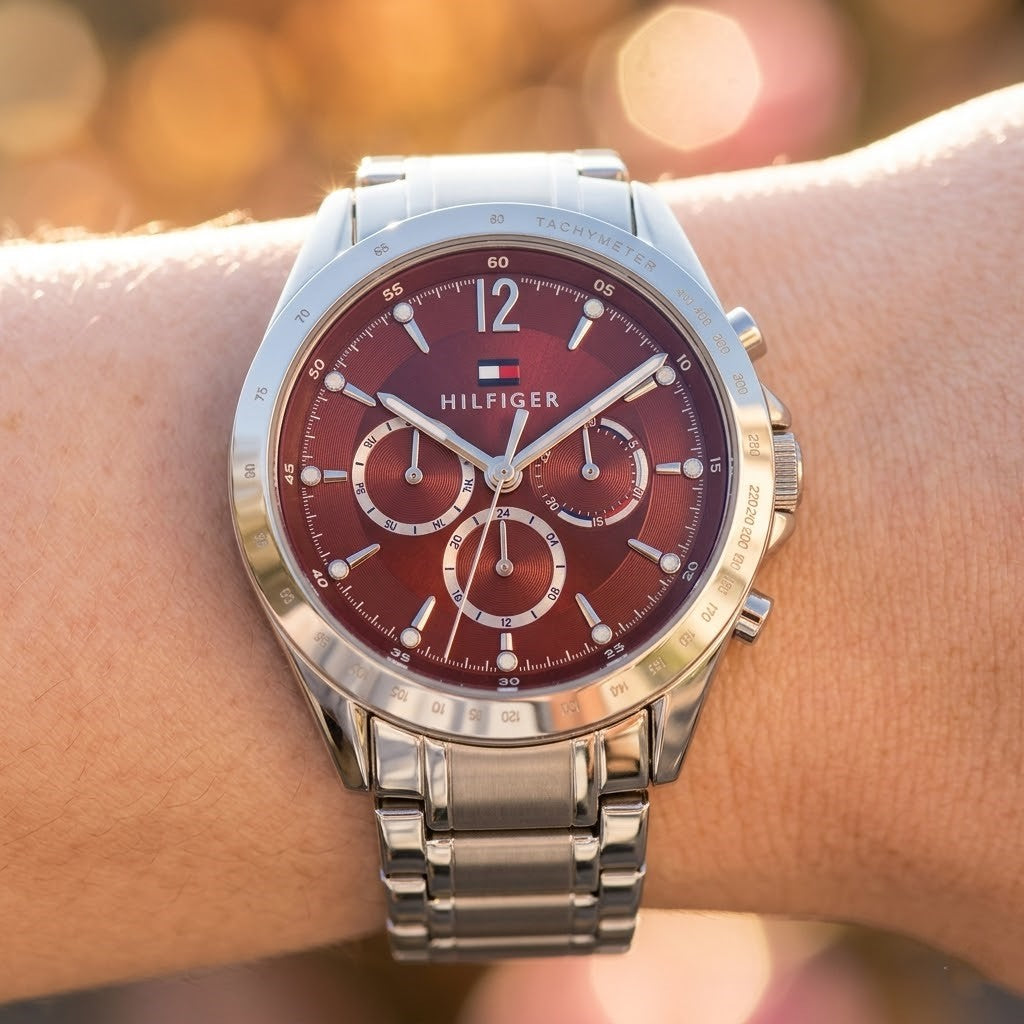 1782559-tommy-hilfiger-kenzie-original-women-metal-multi-function-red-dial-silver-strap-wrist-close-up
