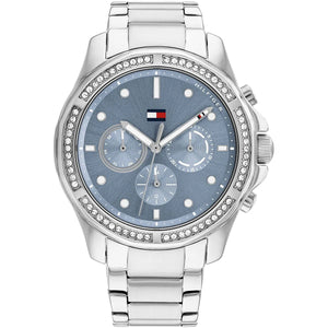 Tommy Hilfiger Lori 1782569 women's watch with silver stainless steel case, blue monogram dial, and silver link bracelet