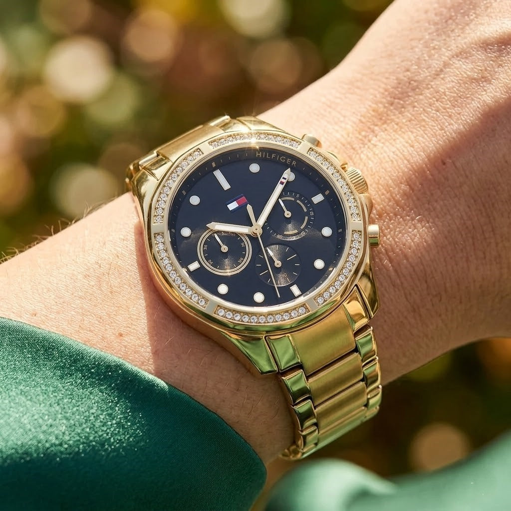 Close up shot of Tommy Hilfiger 1782570 on wrist showing crystal bezel and gold-tone sub-dials