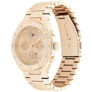 Angled real-life photo of Tommy Hilfiger 1782577 showing the polished rose gold case and wavy dial