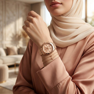Lifestyle photo of Tommy Hilfiger 1782577 showing the elegant rose gold watch on a woman's wrist