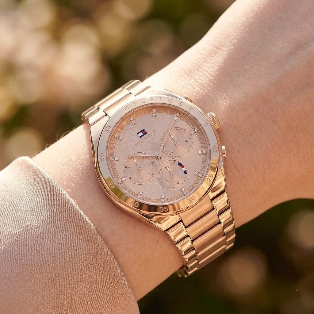Close up shot of Tommy Hilfiger 1782577 on wrist showing rose gold dial and engraved bezel