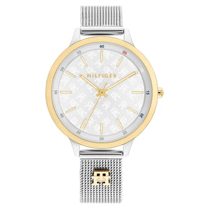 Tommy Hilfiger 1782586 women's quartz battery watch with white monogram dial, two-tone silver and gold case, silver mesh bracelet main view