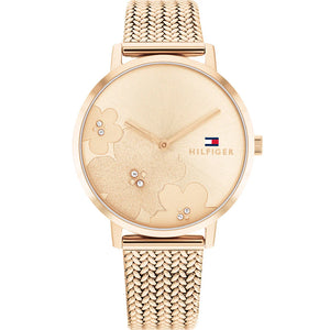 Tommy Hilfiger Carnation 1782603 women's quartz battery watch with Gold Rose floral crystal dial,Gold Rose case, Gold Rose stainless steel mesh strap main view