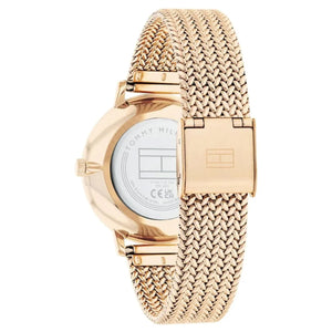 Gold-tone sliding jewelry buckle on Tommy Hilfiger Carnation 1782603 women's quartz battery Rose Gold mesh strap watch