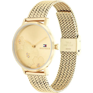 Right angled view of Tommy Hilfiger 1782606 women's quartz battery watch highlighting full gold finish and slim profile details