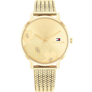 Tommy Hilfiger 1782606 women's quartz battery watch with gold floral dial, full gold-tone case and stainless steel mesh strap main view