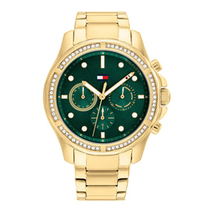 Tommy Hilfiger Ari 1782614 women's watch featuring a full gold-tone stainless steel design and a crystal bezel with dark green dial