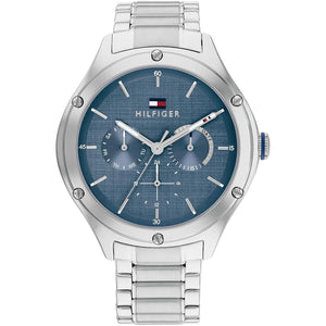 Authentic real-life photo of Tommy Hilfiger 1782657 showing actual silver finish and textured blue dial