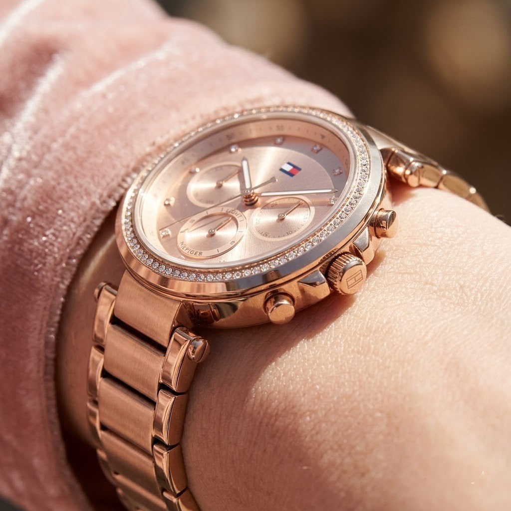 Close up shot of Tommy Hilfiger 1782705 on wrist showing sunray rose gold dial and crystal markers