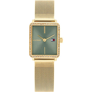 Tommy Hilfiger Tea 1782791 women's quartz battery watch with sage green sunray dial, gold square case with crystals, gold stainless steel mesh strap main view