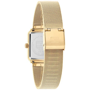 Gold-tone sliding jewelry buckle on Tommy Hilfiger Tea 1782829 women's quartz battery gold mesh strap watch