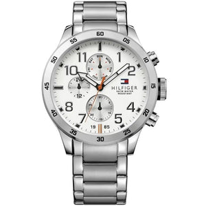 Tommy Hilfiger Trent 1791140 men's watch featuring a full silver-tone stainless steel design and white multi-function dial