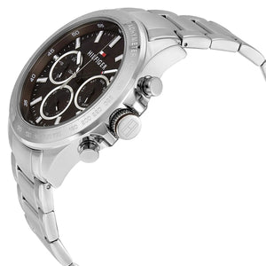 Right angled profile view of Tommy Hilfiger Hudson 1791229 men's watch showing polished integrated integrated flexible integrated flexible integrated rounded squircle silver case distinctive dynamic polished smooth integrated bezel detailed textured crown integrated links causal dynamic casual casual dynamic utility