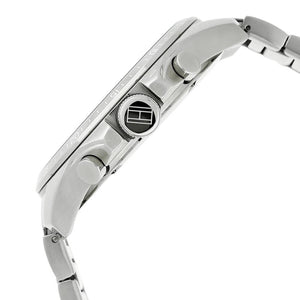 Side profile of Tommy Hilfiger Decker 1791348 men's quartz battery watch showing 12mm thickness and silver finish