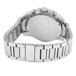 Caseback of Tommy Hilfiger Decker 1791348 men's quartz battery watch showing technical specs blue dial and metal bracelet