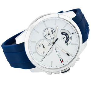 Right angled view of Tommy Hilfiger Decker 1791349 men's quartz battery watch highlighting silver finish and blue bezel details