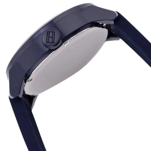 Side profile of Tommy Hilfiger Denim 1791381 men's quartz battery watch showing 10mm thickness and blue finish
