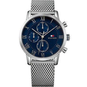 Tommy Hilfiger Kane 1791398 men's watch featuring a silver stainless steel case, blue multi-function dial with Roman numerals, and mesh bracelet